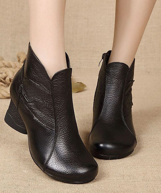 Splicing Chunky Boots Black Cowhide Leather