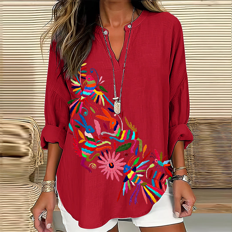 Women's Floral And Bird Art Print Cotton And Linen Shirt elevenforest