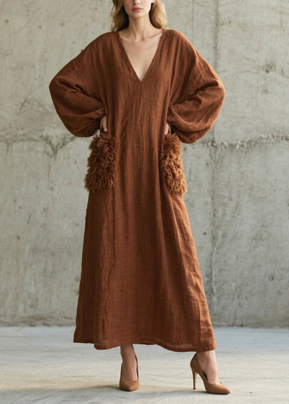 Handmade Brown V Neck Patchwork Faux Fur Maxi Dresses Fall