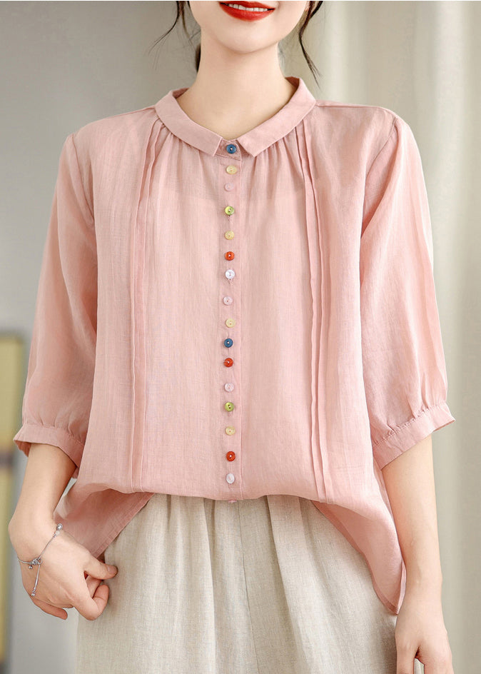 Pink Peter Pan Collar Cotton Shirt Top Half Sleeve