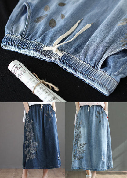 Dark Blue Pockets Cotton Denim Skirt Elastic Waist Ripped Cozy