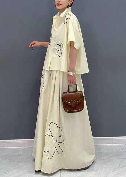 Apricot Peter Pan Collar Button Shirts and Maxi Skirts Two Piece Set Summer