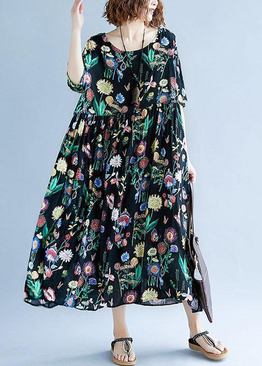 O Neck Cinched Cotton Linen Summer Outfit Tutorials Black Print Dress