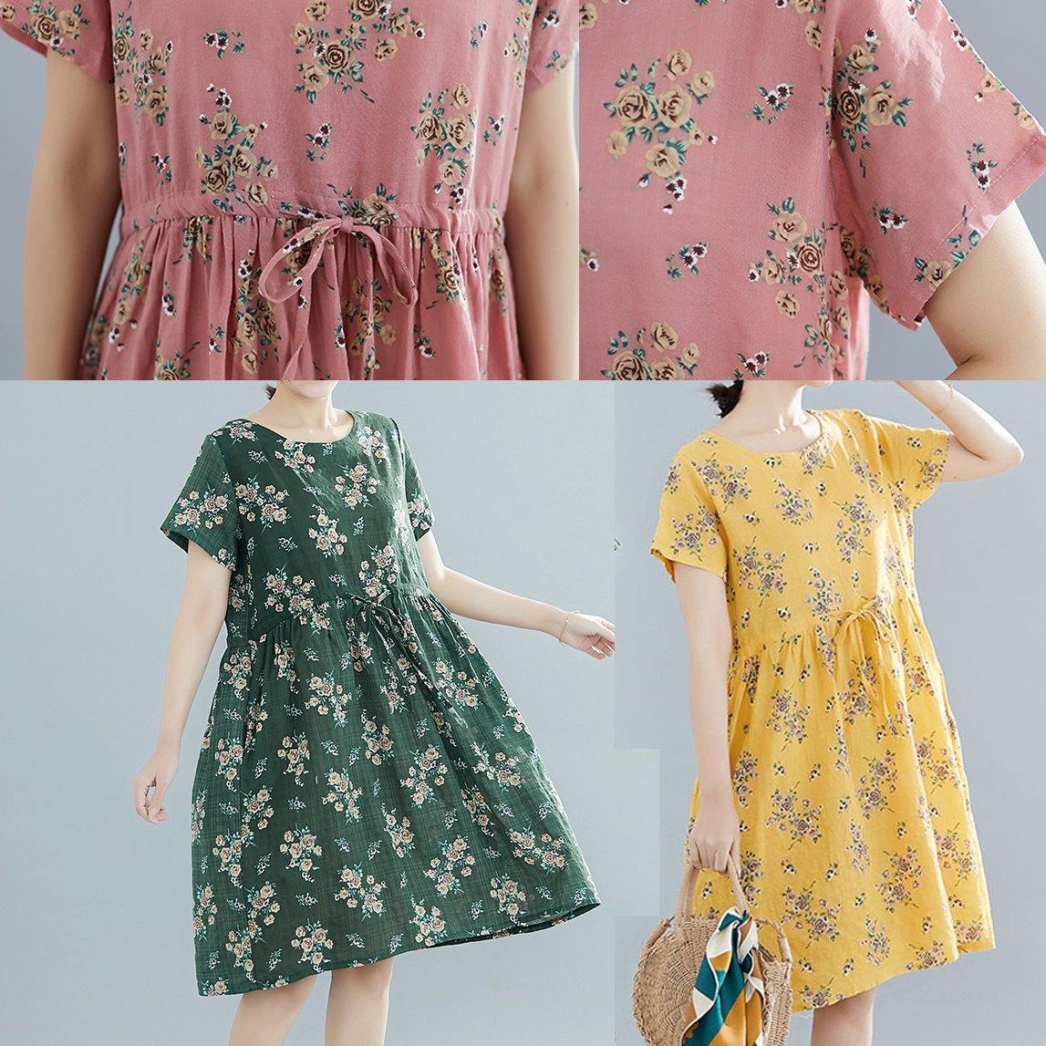 French O Neck Drawstring Chiffon Dress Pink Print Dresses Summer