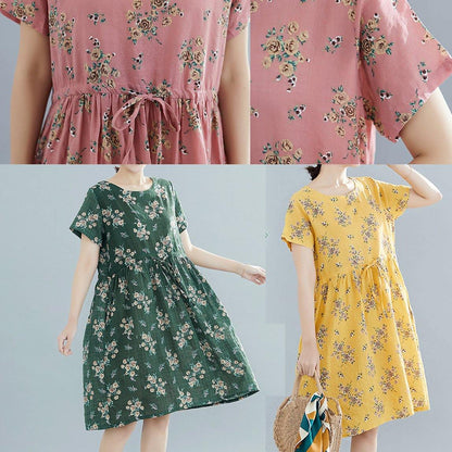French O Neck Drawstring Chiffon Dress Pink Print Dresses Summer
