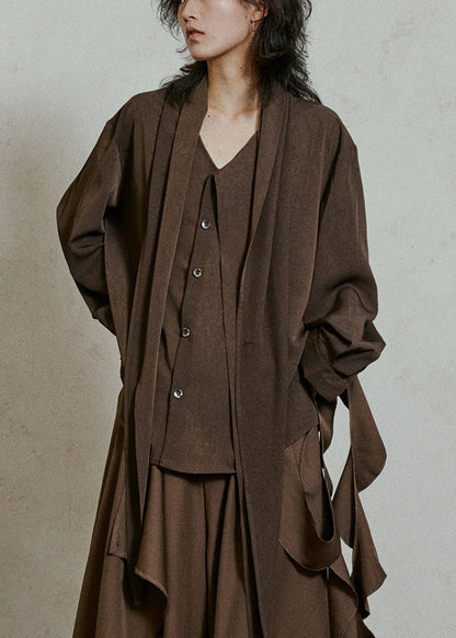 Coffee Wrinkled Button Top Lantern Sleeve