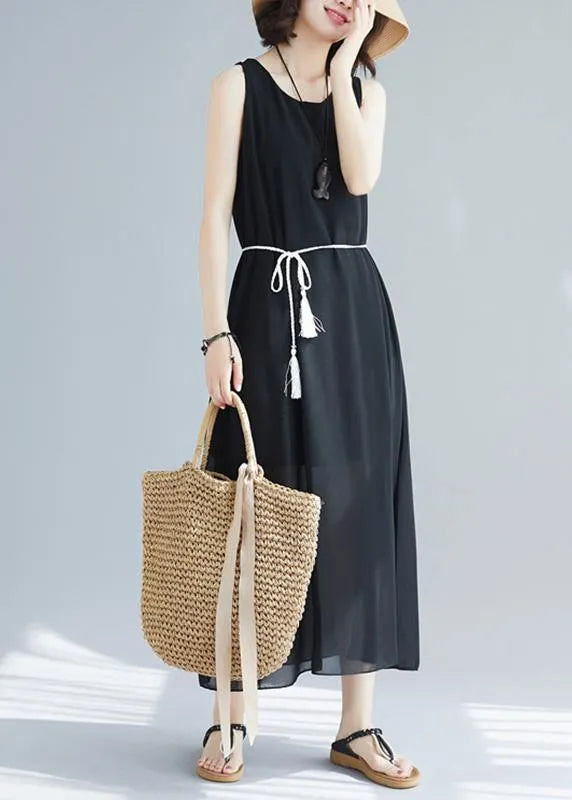 Classy Black Cotton Long Shirts Sleeveless Cotton Summer Dress