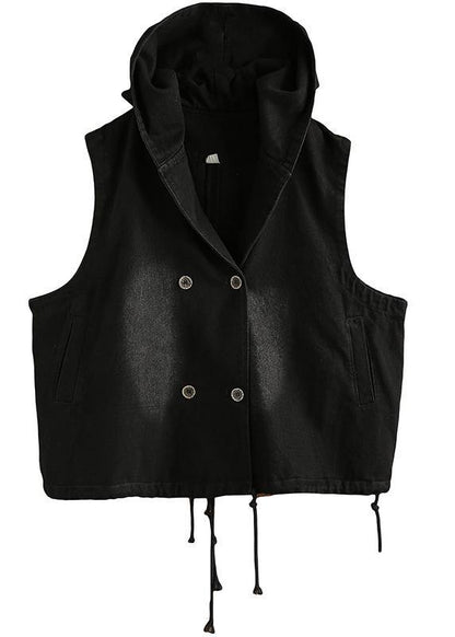 Denim Black Waistcoat Autumn Loose Large Size Tooling Double Breasted Hooded Vest