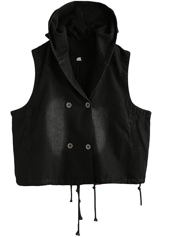 Denim Black Waistcoat Autumn Loose Large Size Tooling Double Breasted Hooded Vest