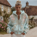 Women's Vintage Bohemian Floral Embroidery Casual Zip-up Hoodie elevenforest