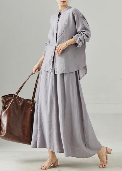 Grey Stand Collar Cotton Tops and Skirts Two Pieces Set Spring