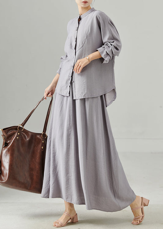 Grey Stand Collar Cotton Tops and Skirts Two Pieces Set Spring