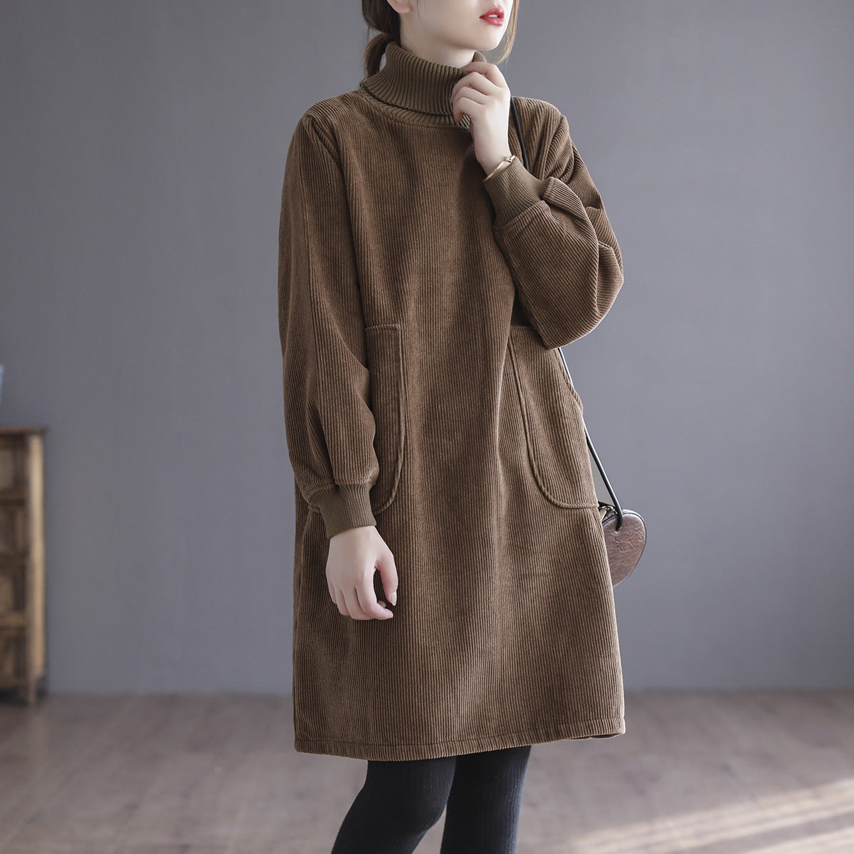 Corduroy Color Plus Velvet Thick Loose Turtleneck Top