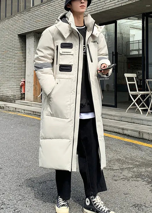 Loose Beige Hooded Pockets Duck Down Down Long Coats Winter