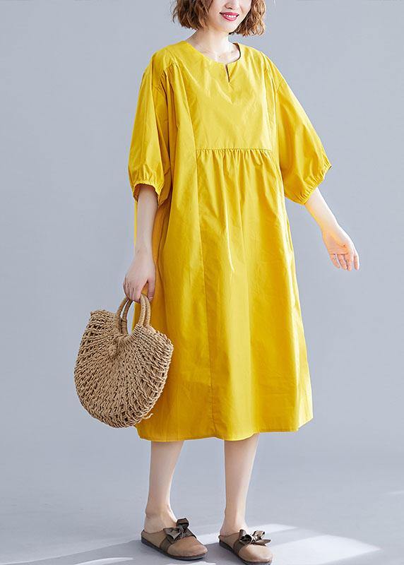 Loose Yellow O Neck Cotton Tunics Cinched Maxi Summer Dresses