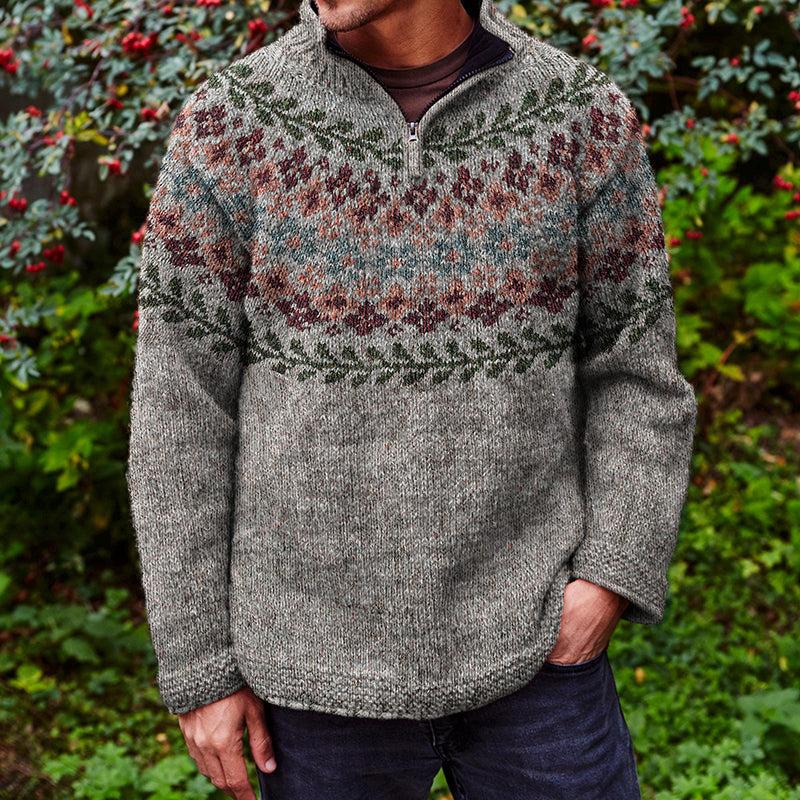 Vintage Fairman Island Knitted Jacquard Stand Collar Zipper Sweater elevenforest