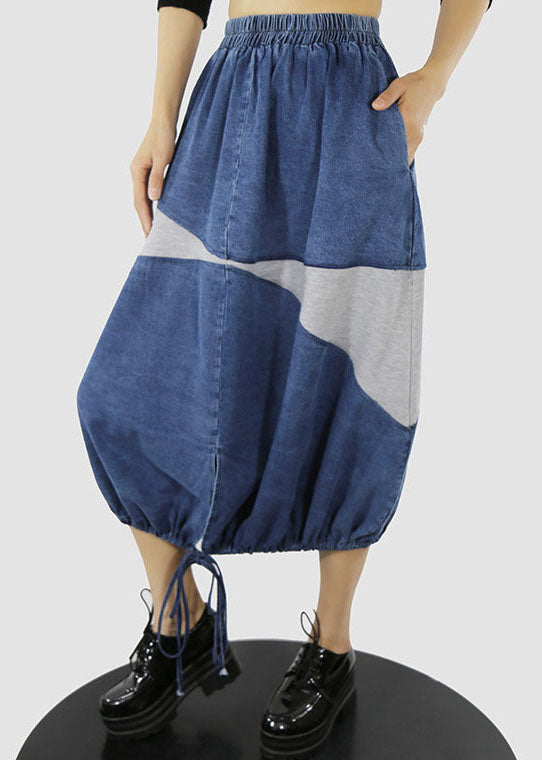 Blue White Elastic Waist Drawstring Patchwork Denim Skirt
