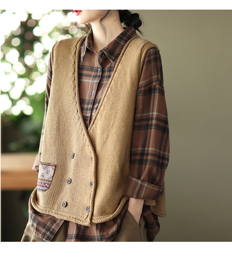 Knit Loose Double-breasted Patch Vest