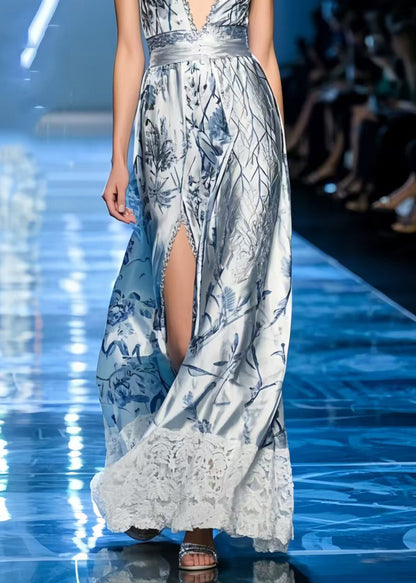 Light Blue Print Silm Fit Party Dress Deep-v Side Open Sleeveless