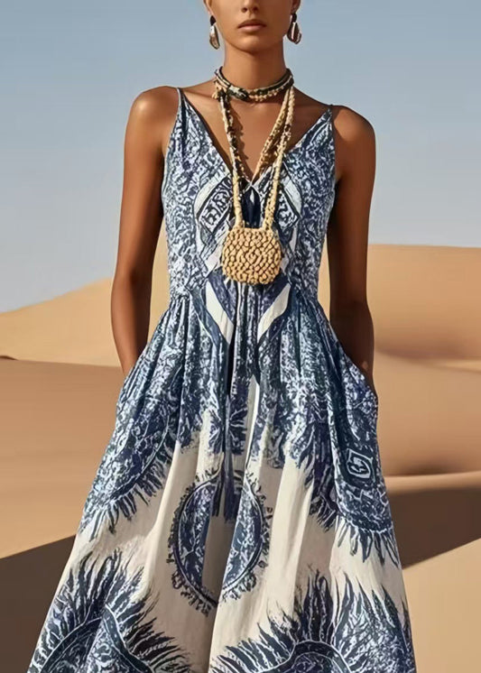 Classy Blue V Neck Print Cotton Cami Dress Summer
