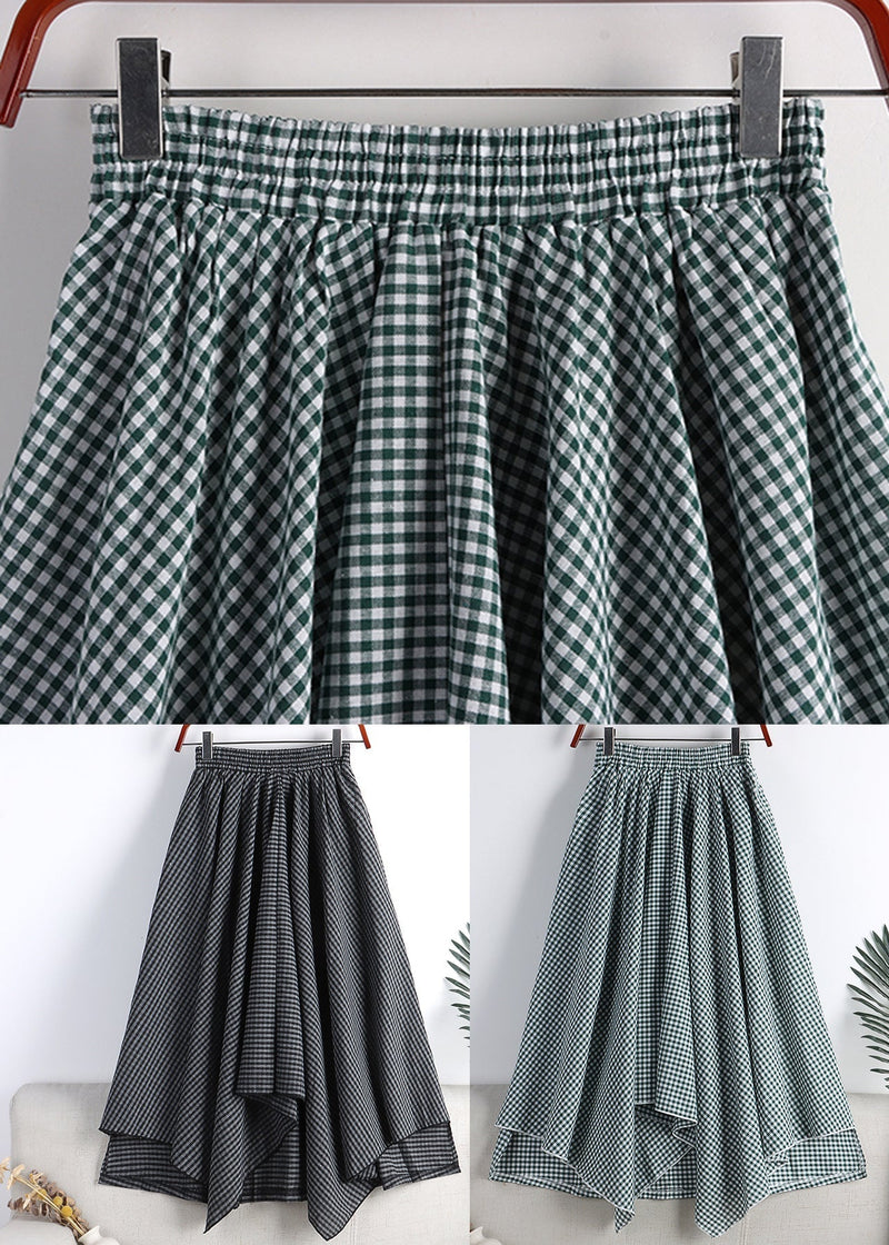 Black Grey Plaid Elastic Waist Cotton a Line Skirt Fall