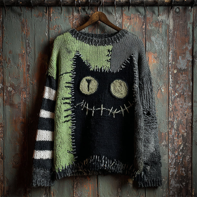 Halloween Black Cat Stitched Contrast Patchwork Cozy Knit Sweater artswardrobe