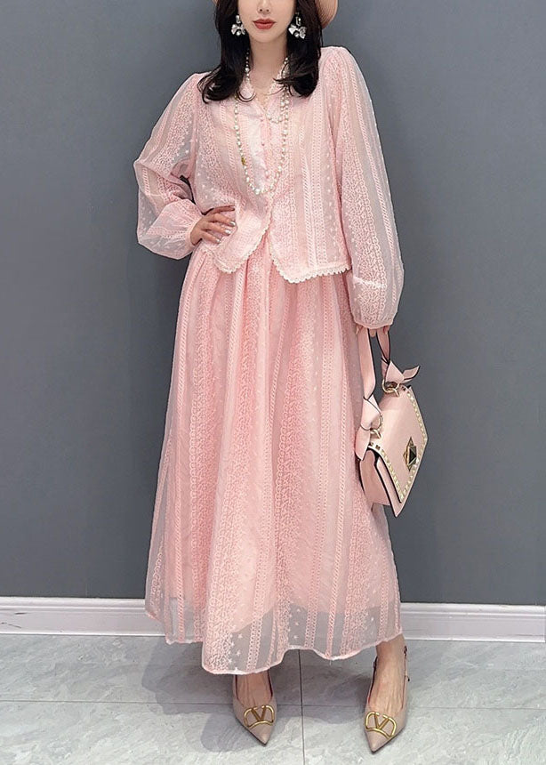Italian Pink Embroideried Patchwork Tops and Skirts Chiffon Two Pieces Set Summer