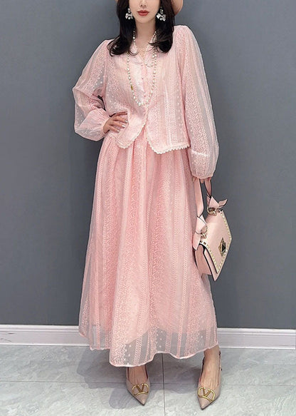 Italian Pink Embroideried Patchwork Tops and Skirts Chiffon Two Pieces Set Summer