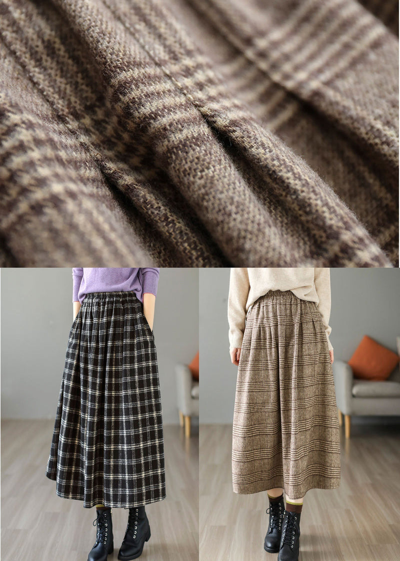 Black Elastic Waist Plaid Cotton a Line Skirt Spring