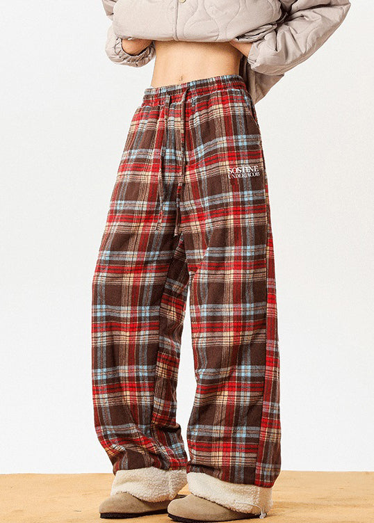 French Red Pockets Plaid Patchwork Warm Fleece Pants Winter