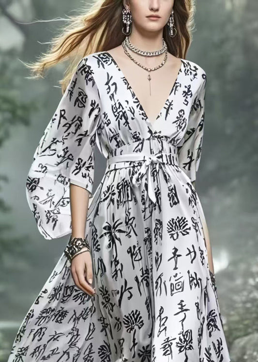 Silvery Cinched Print Silk Vacation Dress Spring