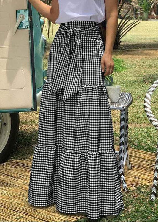 Plaid Pleated Lace-up Elastic Waist Swing Skirts