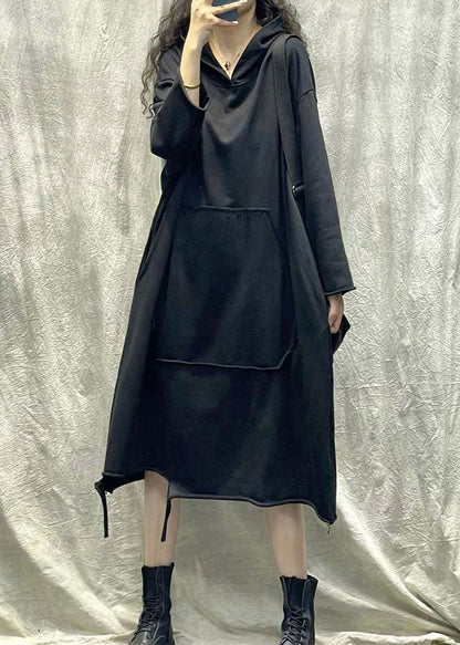 Coffee Hooded Ripped Patchwork Cotton Sweatshirts Dress Fall