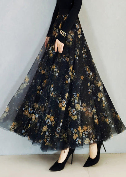 Black Print High Waist Maxi Skirts Spring