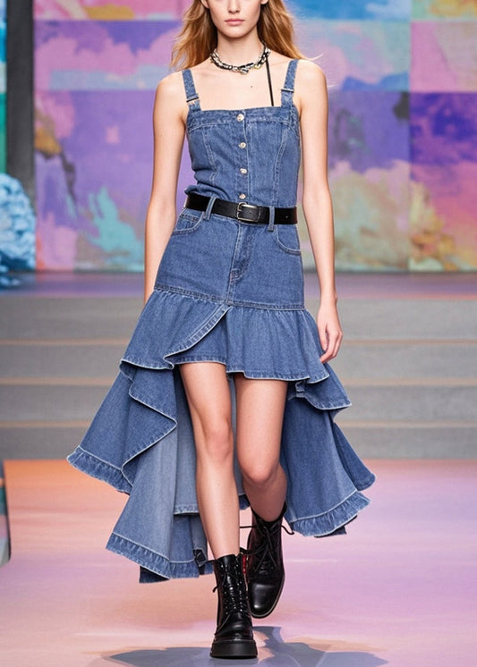 Blue Asymmetrical Patchwork Denim Wraped Skirts Spring
