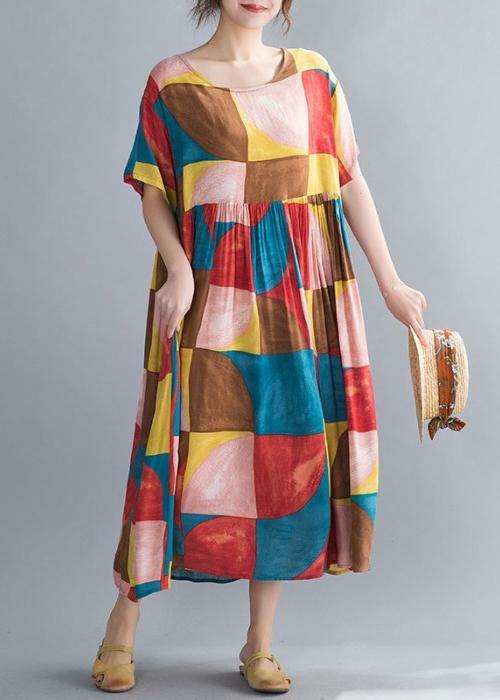 Classy Multicolor Plaid Cotton Clothes O Neck Cinched Kaftan Summer Dress