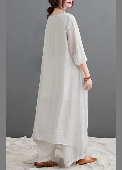 Large Size Loose Art Long White Top Wide Leg Pants Two Piece Suit for