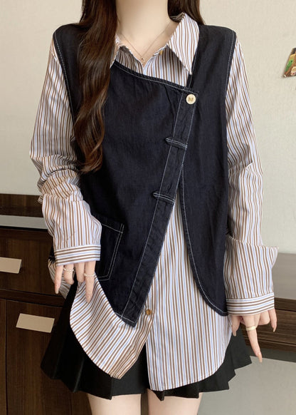 Asymmetrical Striped Cotton Fake Two Piece Top Fall