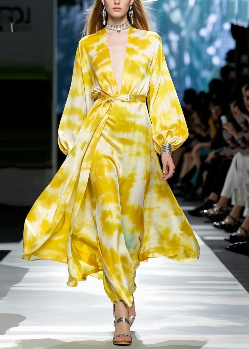 French Yellow Tie Dye Exra Large Hem Chiffon Tunic Dress Spring