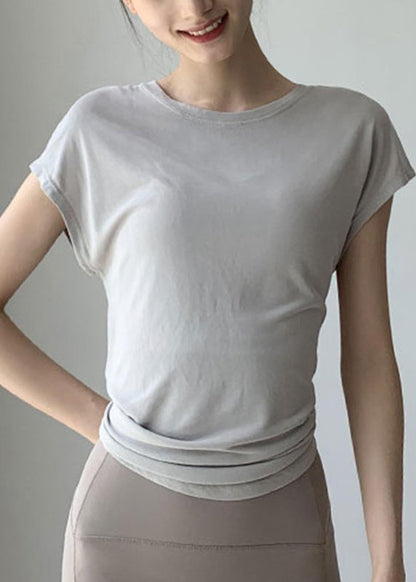 Brief Blackish Green O-neck Wrinkled Short Sleeve Yoga Top
