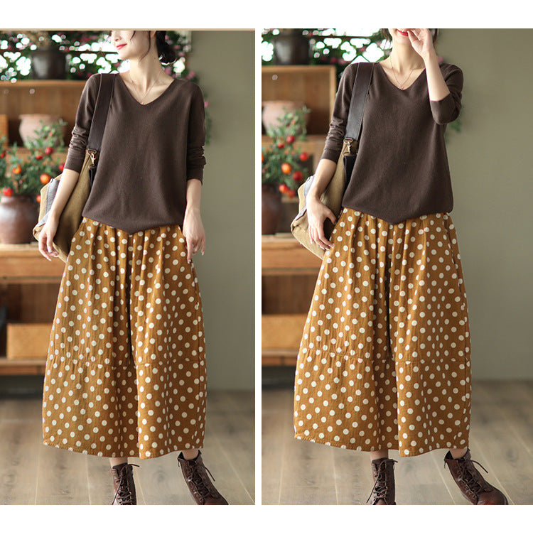 Printed Cotton and Linen Slim Elastic Waist A-line Skirt