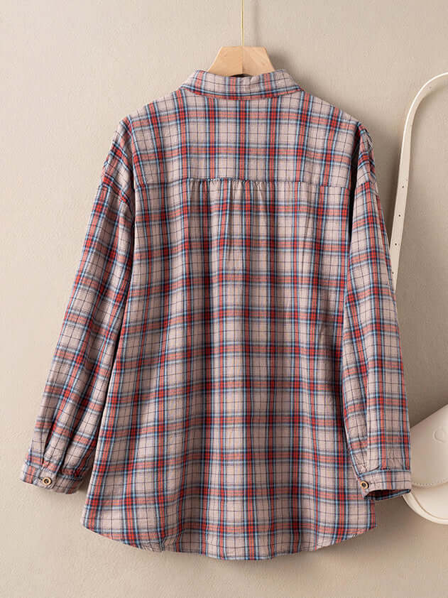 Natural Fabric Plaid Front Artsy Style Blouse