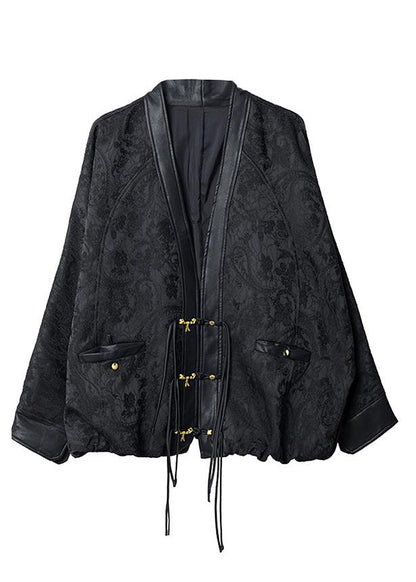 Jacquard Black V Neck Patchwork Coats Batwing Sleeve