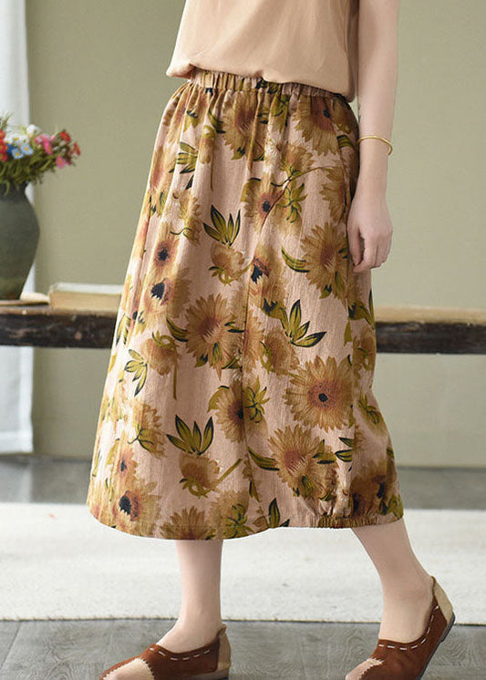 Yellow Print Linen a Line Skirts Pockets Print Summer