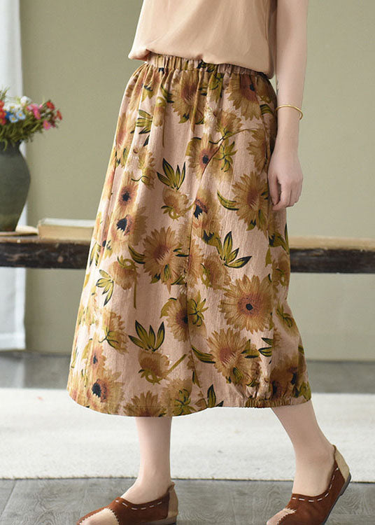 Yellow Print Linen a Line Skirts Pockets Print Summer