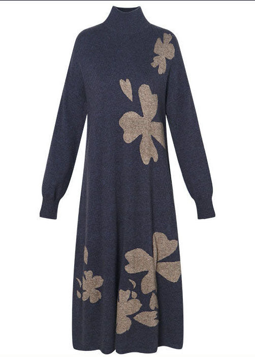 Diy Purple Stand Collar Embroideried Knit Cashmere Sweater Dress Long Sleeve