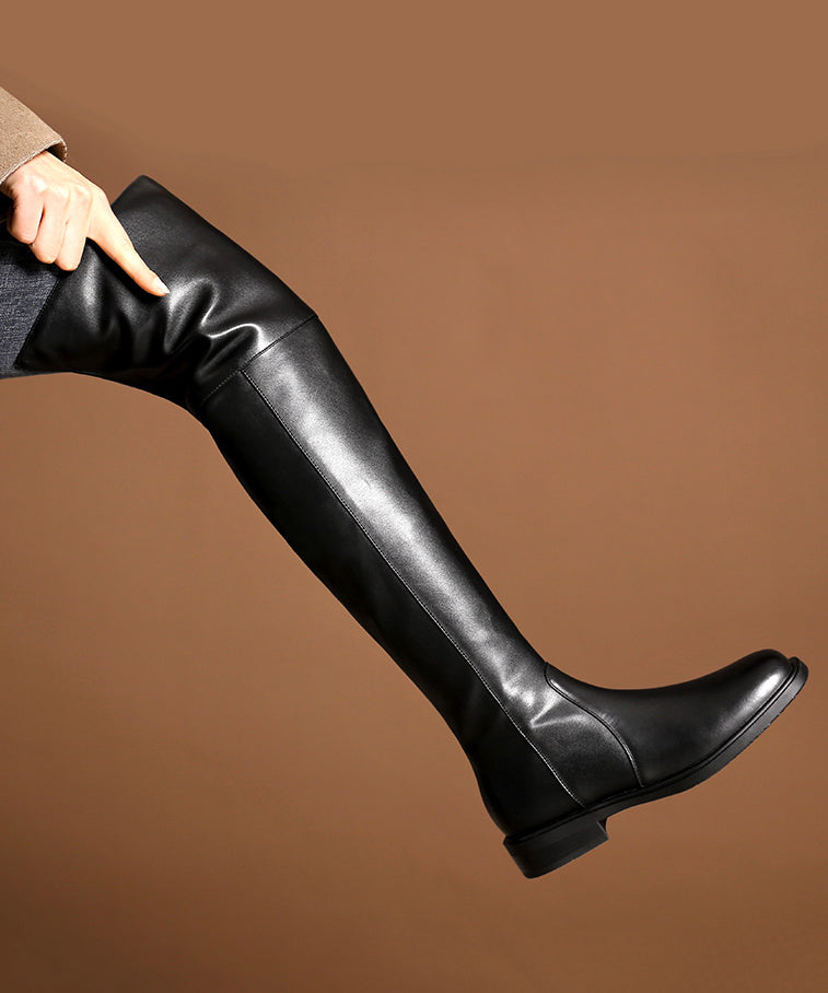 Apricot Zip Up Splicing Cowhide Leather Knee Boots