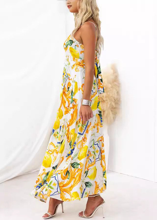 Stylish Yellow Print Lace Up Spaghetti Strap Dress Sleeveless