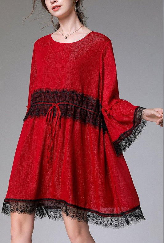 Handmade Red Patchwork Chiffon Flare Sleeve Summer Mini Dresses