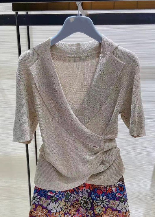 Cozy Grey Asymmetrical Knit Top Short Sleeve